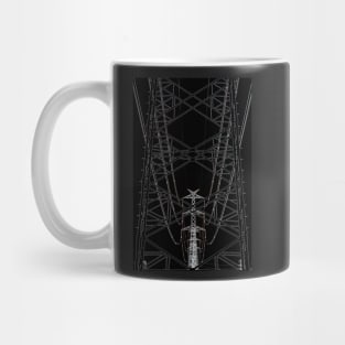 Abstract high voltage transmission line against black sky Mug